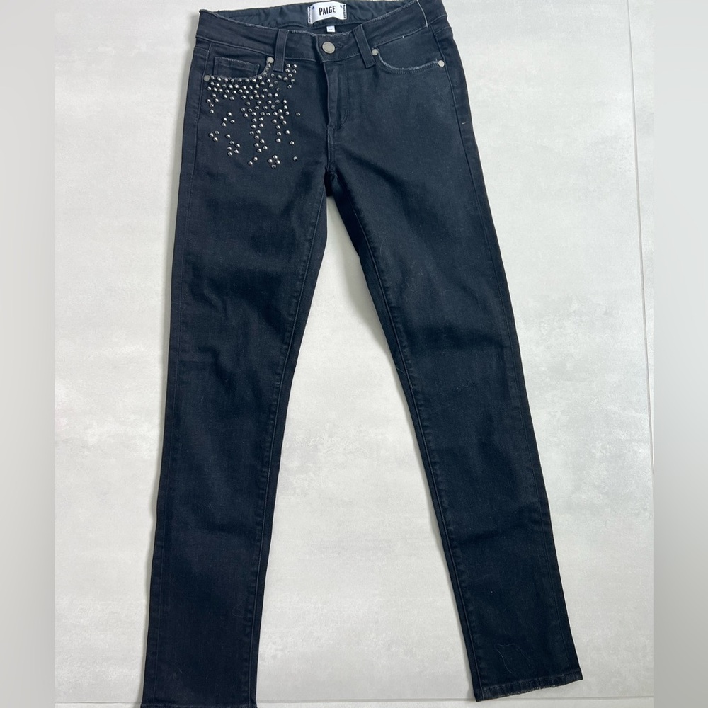 Paige jeans midrise ankle skinny denim black with silver spikes size 27 skyline